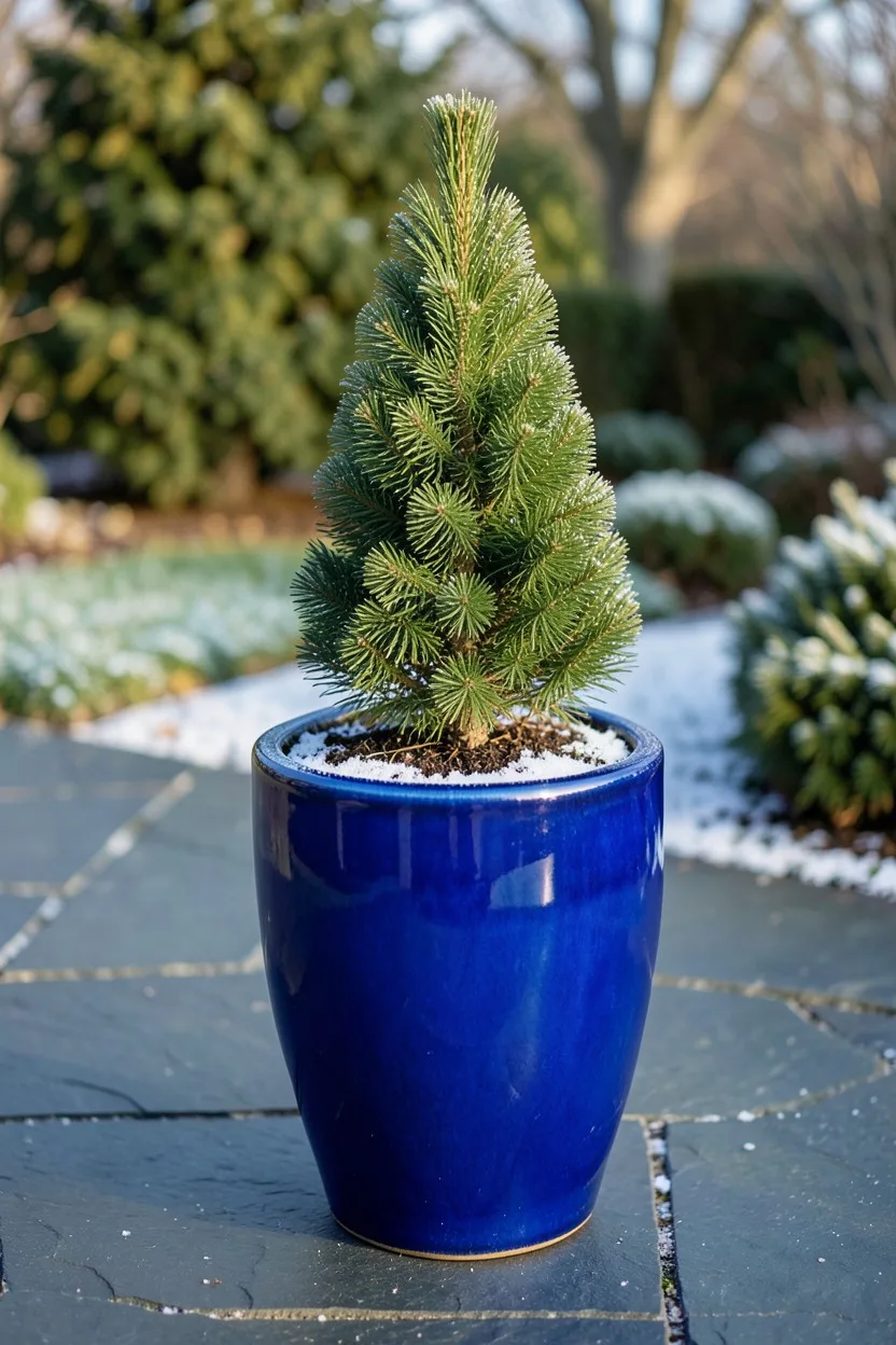 A tall, vibrant cobalt blue glazed ceramic pot containing a neatly sheared dwarf Alberta spruce. The glossy blue glaze reflec
