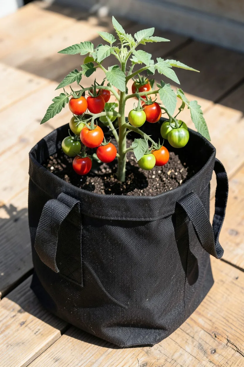 A sturdy black fabric grow bag packed with dark soil, from which a vibrant tomato plant grows with clusters of ripening red a