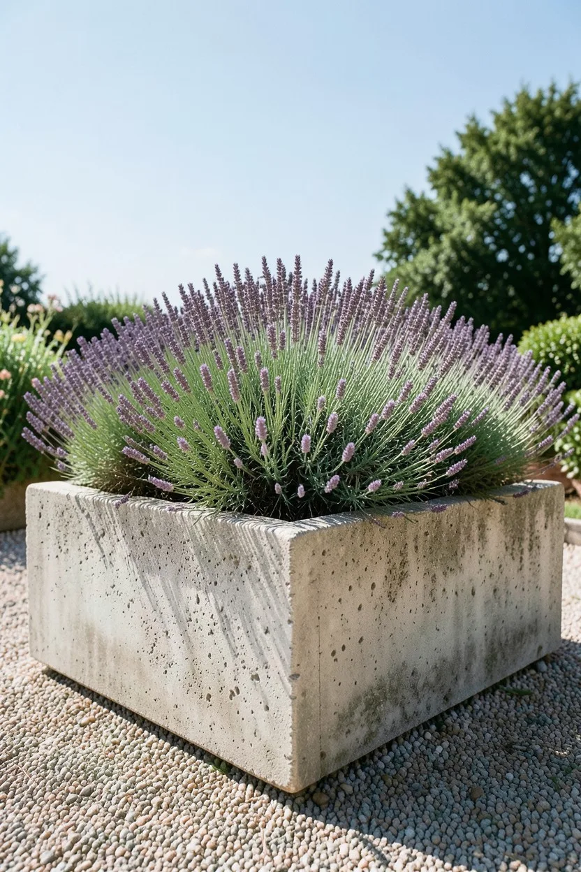 A massive, weathered rectangular concrete planter resting on a windswept gravel patio. The planter is filled with dense Engli