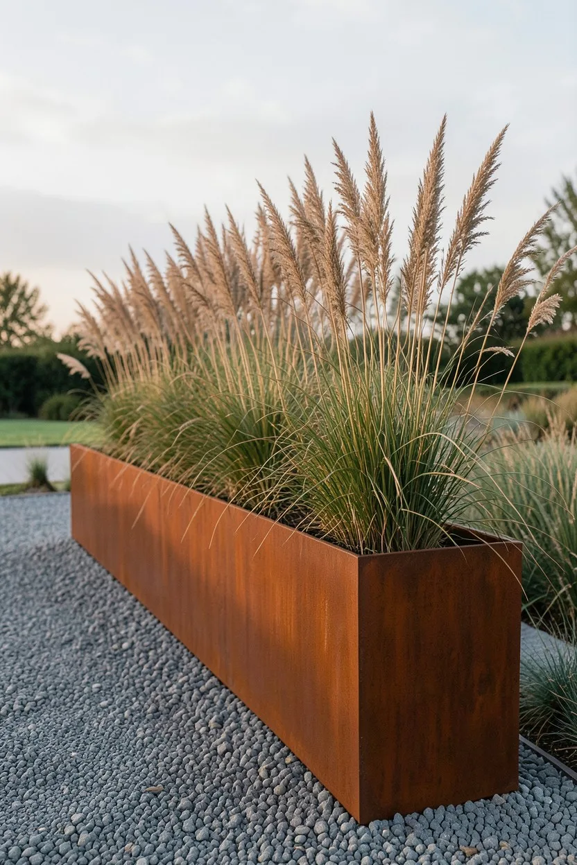 A long, industrial corten steel trough planter with a deep orange rust patina, filled with tall, upright Karl Foerster feathe