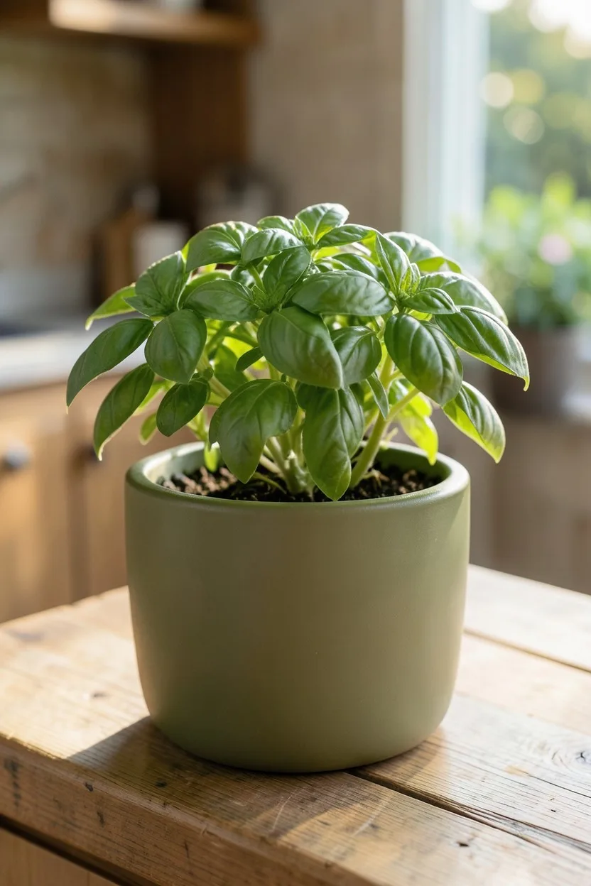 A 10-inch round ceramic pot with a simple olive green finish, holding a single, bushy Genovese basil plant with large, glossy