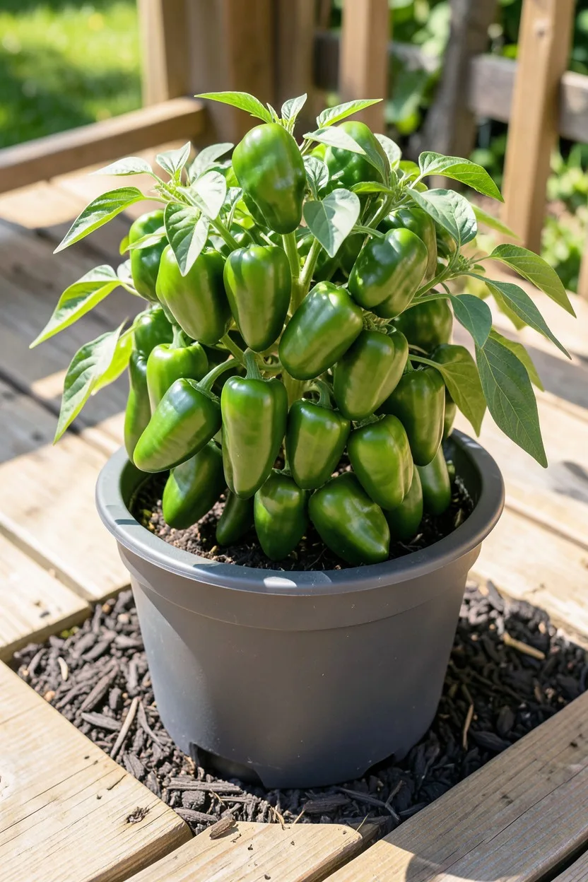 A 14-inch deep dark-gray resin container housing a productive jalapeño pepper plant heavily laden with glossy green peppers. 