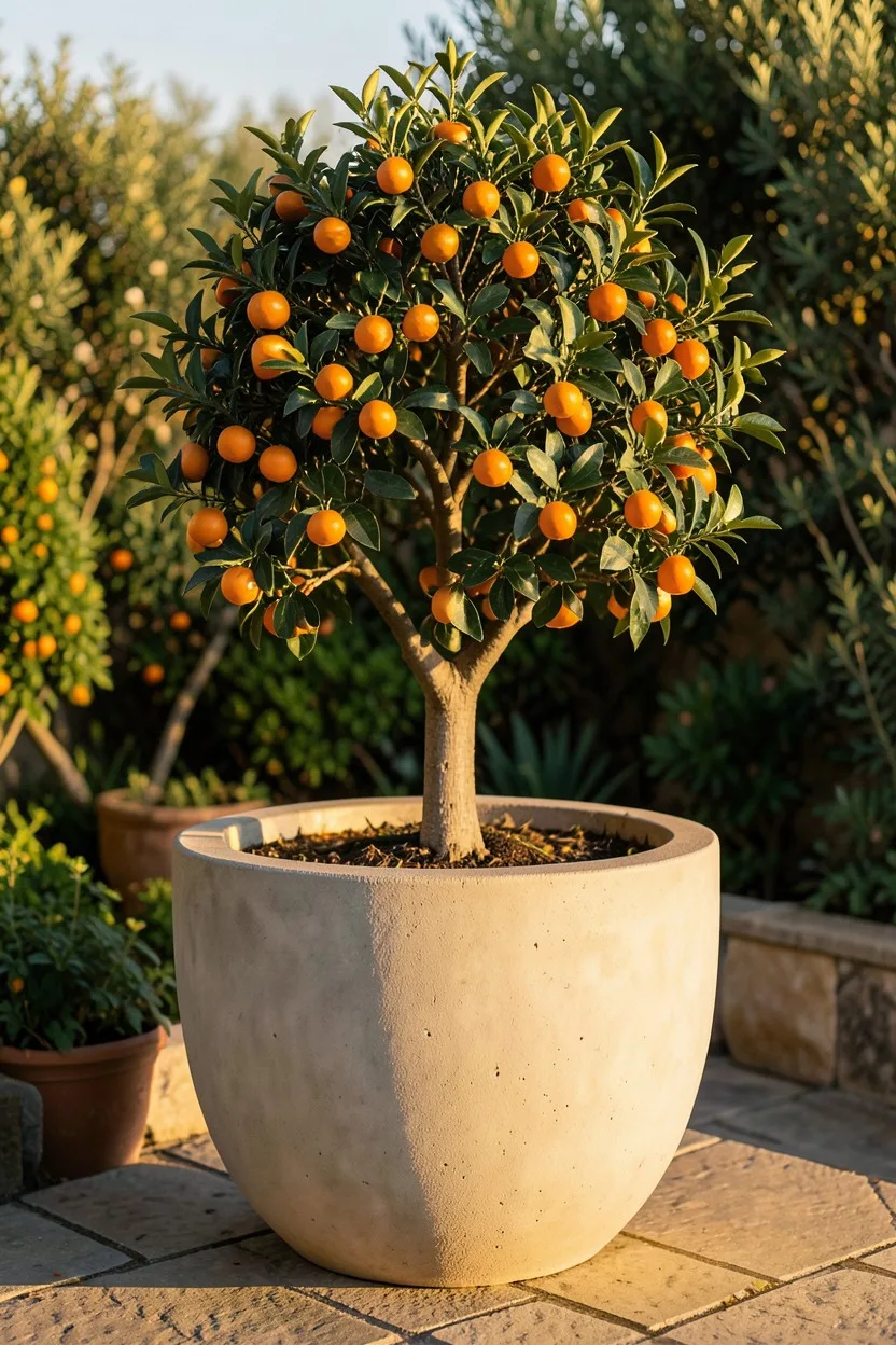 A large 20-inch wide concrete urn planter sitting on a stone terrace. The planter features a flourishing dwarf citrus tree co