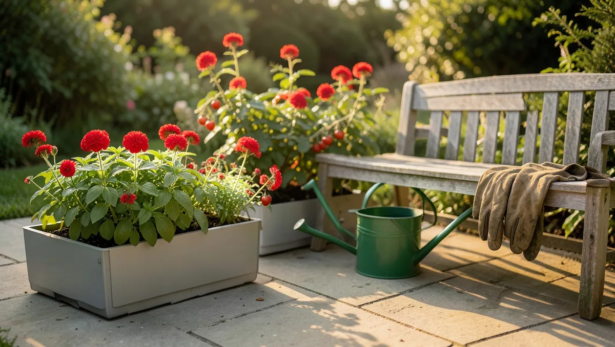 Wide landscape garden photograph, 16:9 ratio. A sun-drenched concrete patio garden featuring several thriving self-watering p