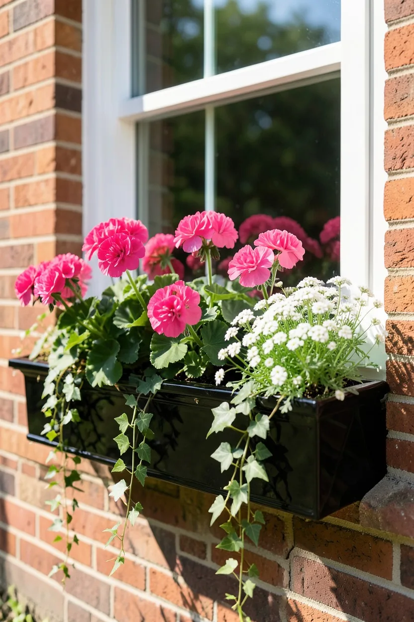 A long, glossy black Mayne Fairfield window box mounted on a traditional red brick wall beneath a white-trimmed window. The b