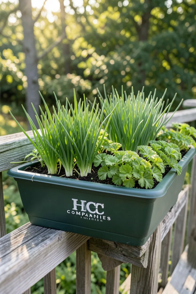 A long, dark green HC Companies rectangular planter box resting on a rustic wooden deck railing. Inside, thriving rows of bri