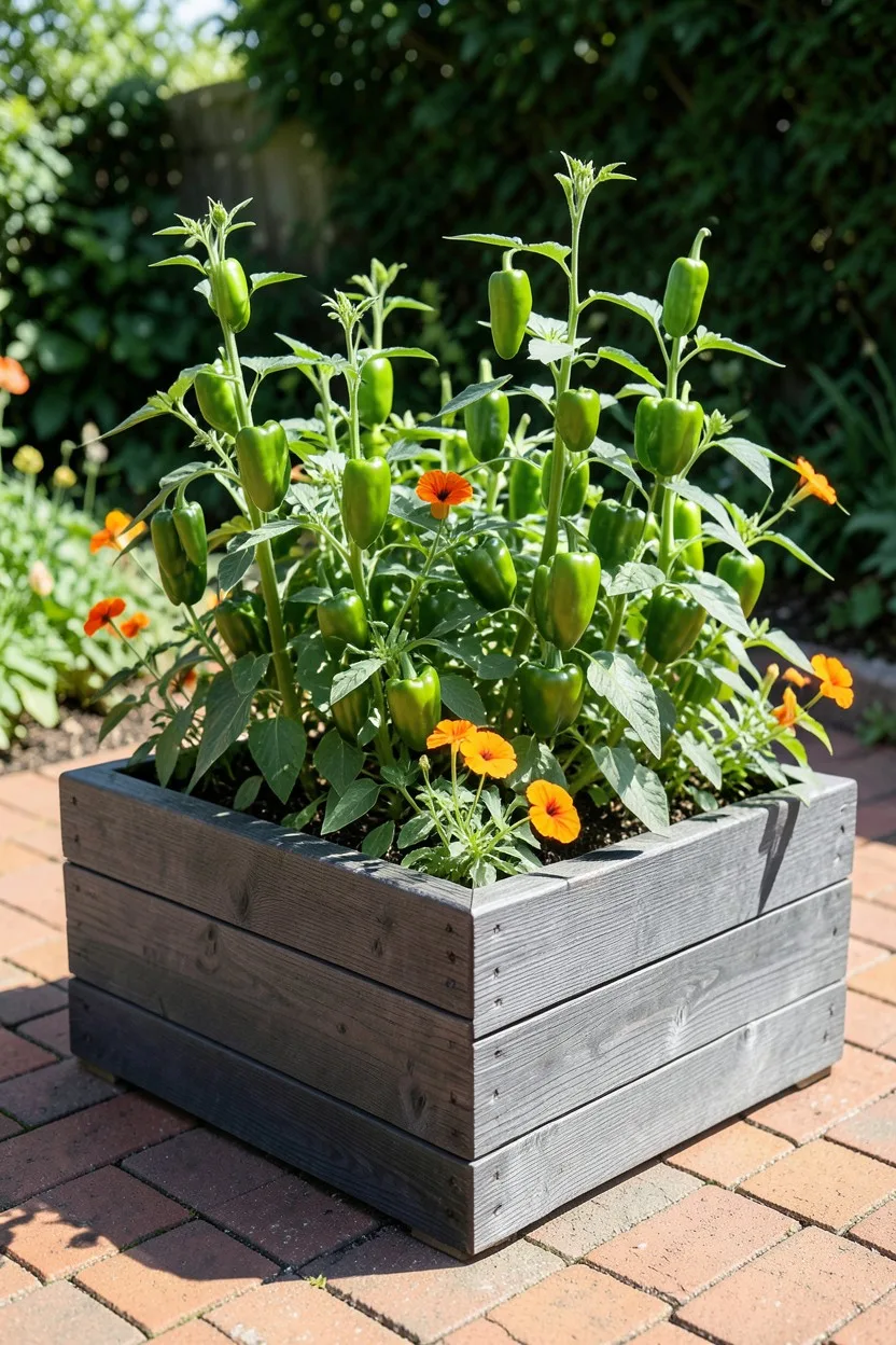 A wood-textured dark gray Keter Urban Bloomer elevated garden bed standing on a sunny brick patio. The raised bed is filled w