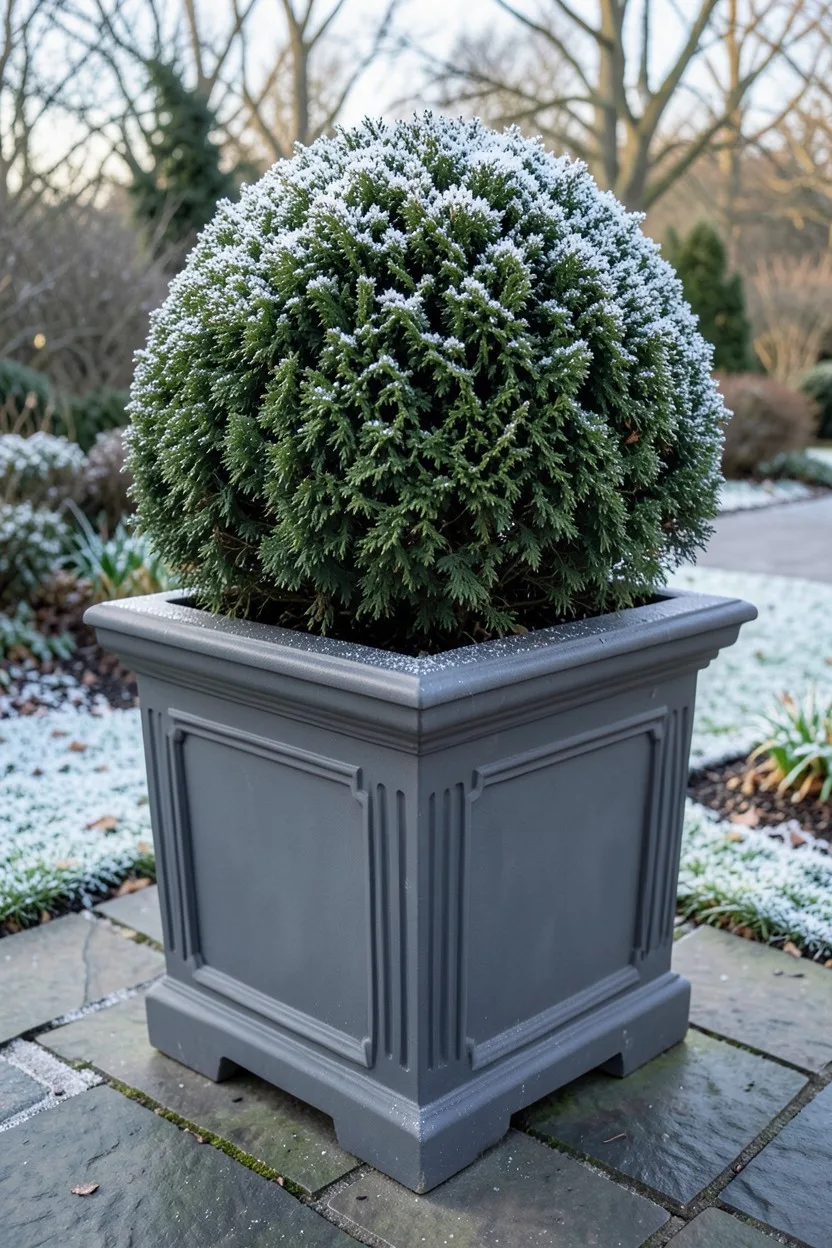 A heavy, square, dark gray Tierra Verde Sonata planter with a classical rim design sitting on a flagstone walkway. A dense, r