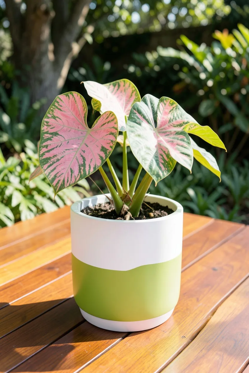 A modern, minimalist white and lime-green Santino Asti planter sitting on a polished hardwood deck. The pot contains a stunni