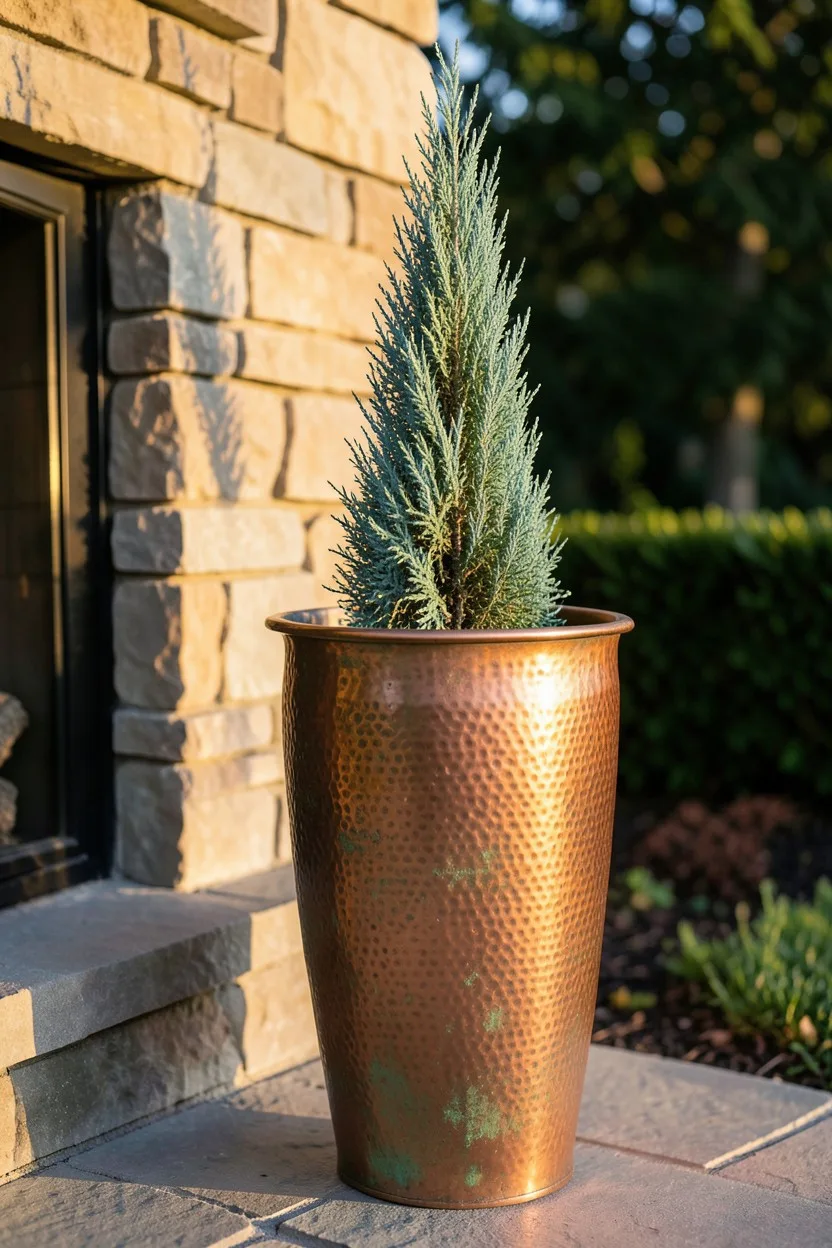 A tall, elegant, hand-hammered copper H Potter planter standing next to an outdoor stone fireplace. The copper has faint hint
