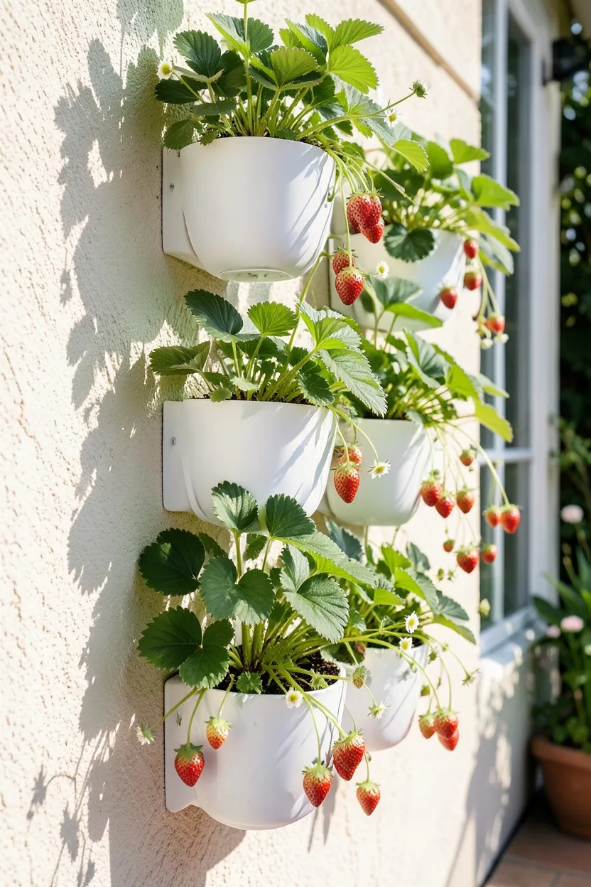 A beautiful vertical garden setup featuring several white Minigarden modular pockets mounted on a sunny patio wall. The pocke