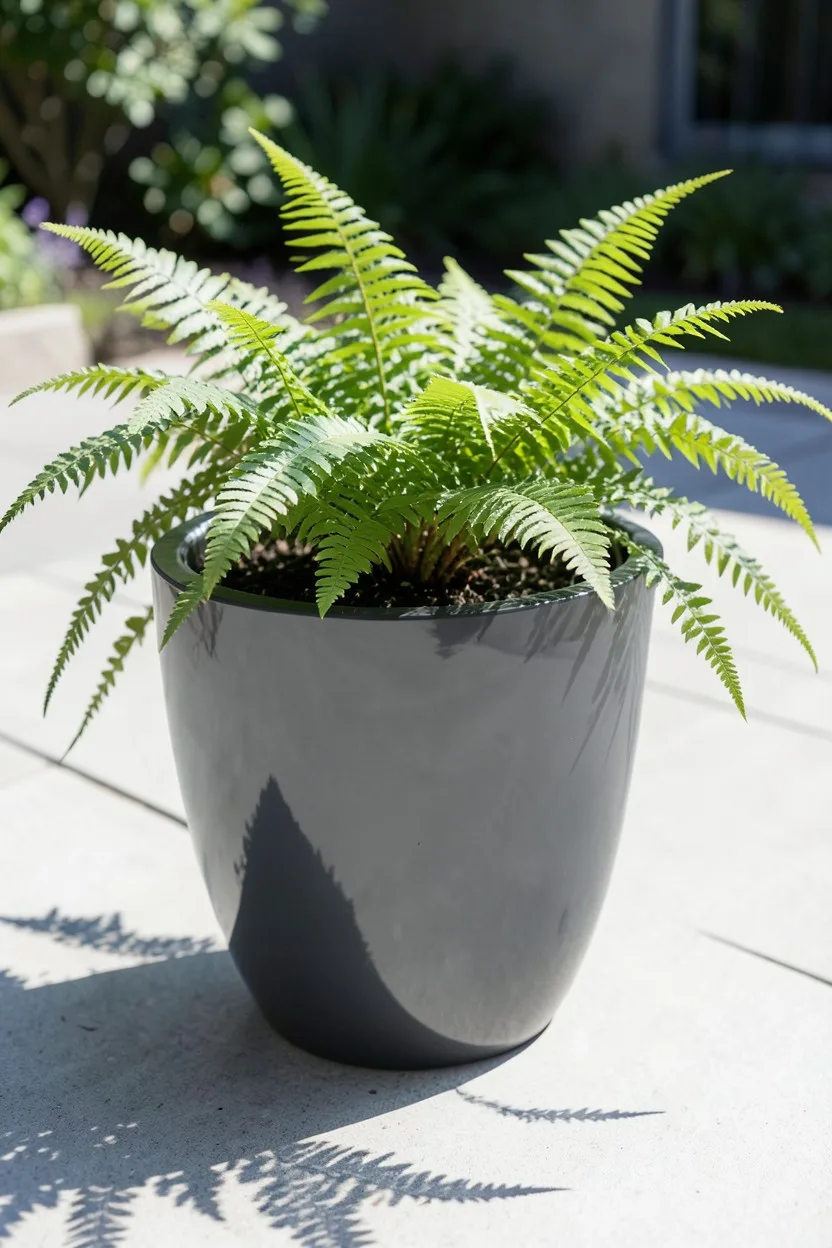 A sleek, high-gloss charcoal gray Lechuza Classico planter sitting on a modern concrete patio. A large, vibrant green Boston 