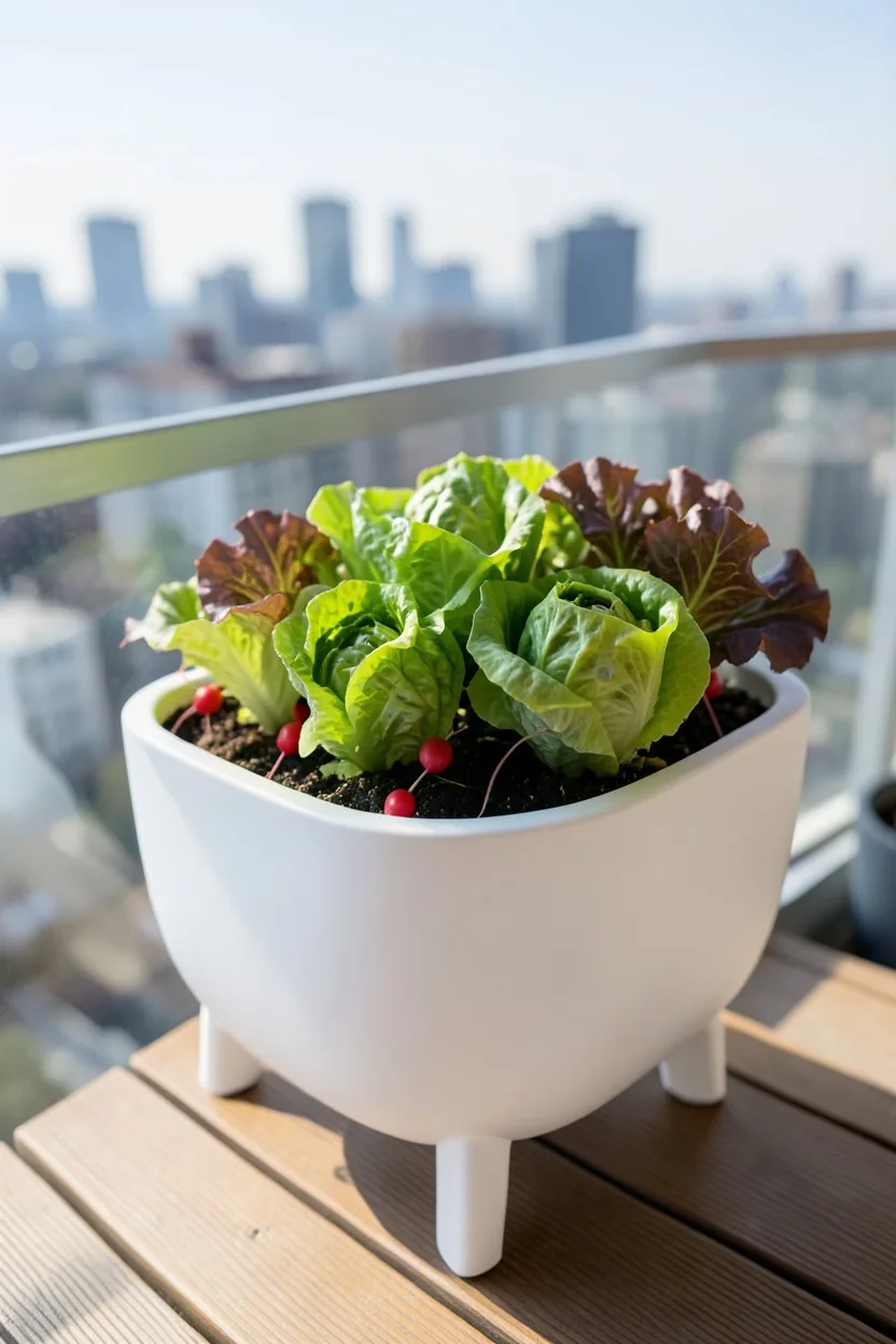 A modern white Glowpear Urban Garden planter raised on short legs on a wooden apartment balcony. The planter is packed with c