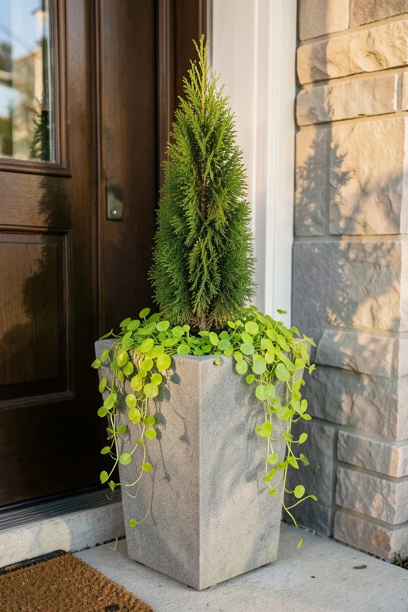 A tall, square, textured gray Algreen Manhattan planter standing prominently next to a dark wood front door. A neat, upright 