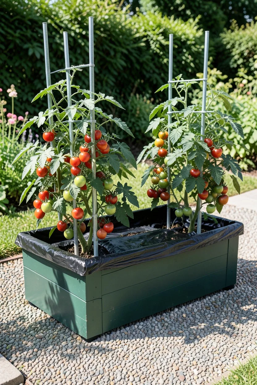 A dark green rectangular EarthBox planter sitting on a sunny garden gravel path. Two large, heavy patio tomato plants are loa