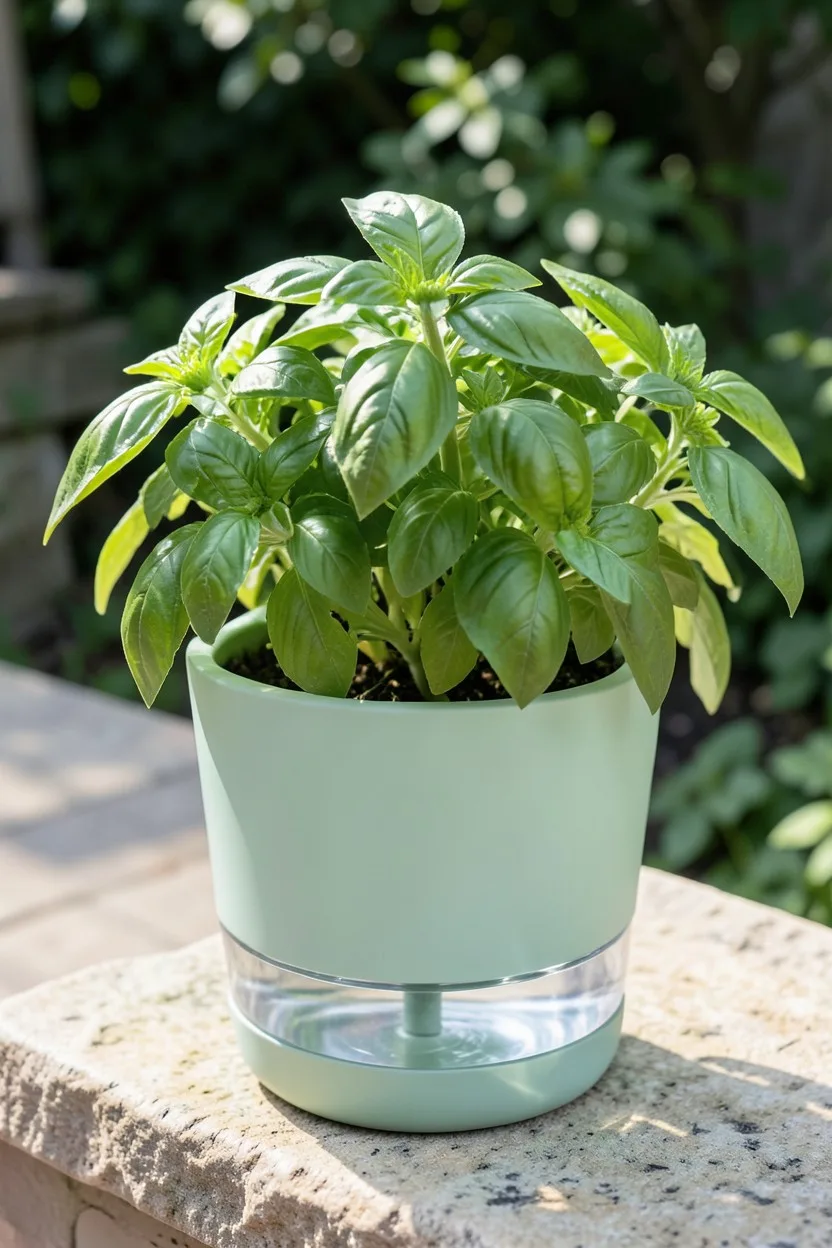 A clean, pastel green Aquaphoric planter sitting on an outdoor stone countertop. A lush, bushy Genovese basil plant with larg