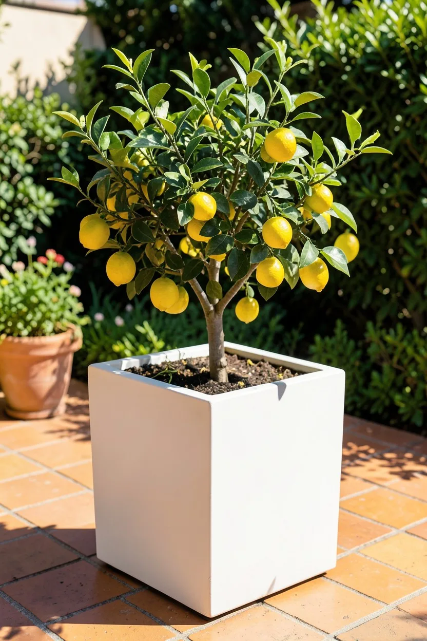 A large, matte-white Crescent Garden Milano square planter holding a small, vibrant dwarf Meyer lemon tree with tiny yellow l