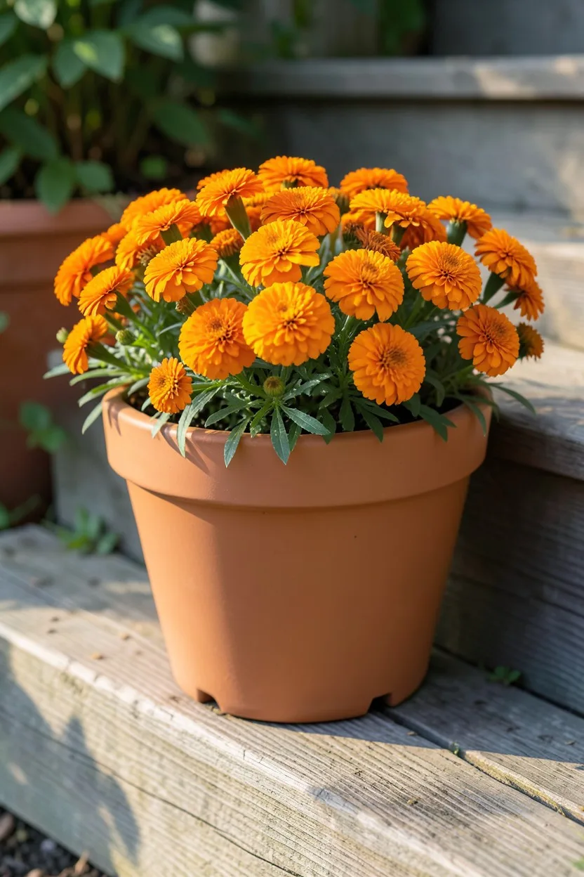 A warm terracotta-colored Misco Flare plastic planter sitting on a wooden garden step. The pot is filled with a dense cluster