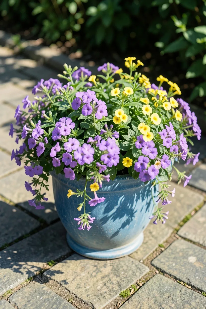 A dusty blue Bloem Ariana bell-shaped planter sitting on a flagstone path. It is packed with overflowing, cascading purple an