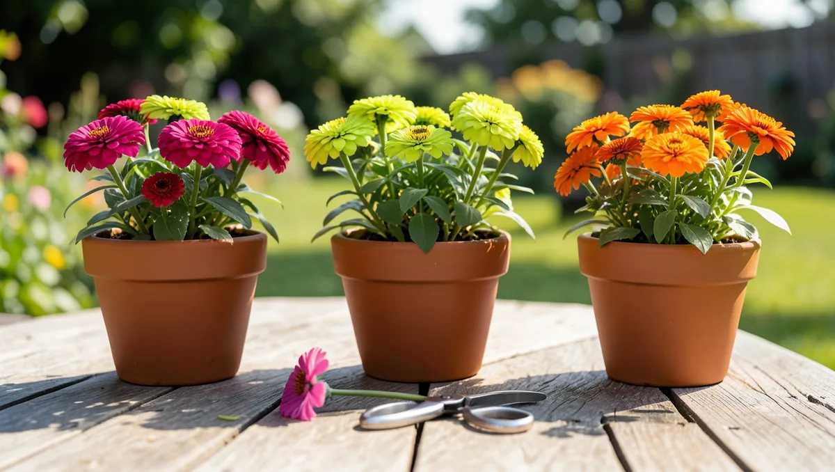 Landscape editorial photograph, 16:9 ratio. A collection of three terracotta pots filled with blooming, multi-colored zinnias