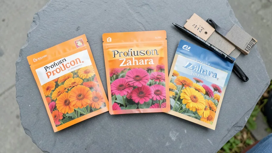 Tool and material flat-lay shot from directly overhead. Three colorful seed packets of Profusion and Zahara zinnia varieties 
