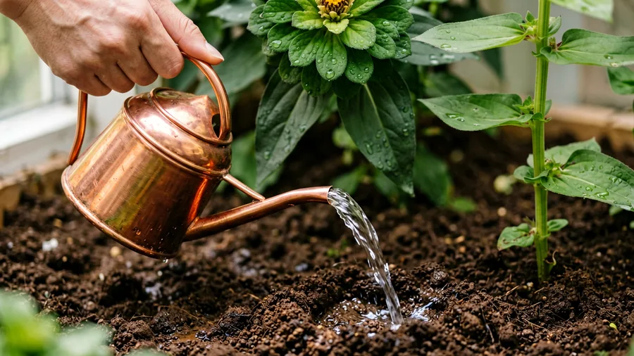 Close-up hands shot, low angle looking across the soil line. A hand holds the long, slender copper spout of a watering can, p