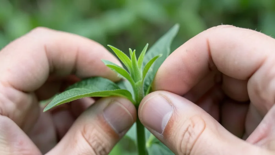 Close-up hands shot, tight macro view. Two clean hands, with fingers gently isolating the central topmost growing tip of a br