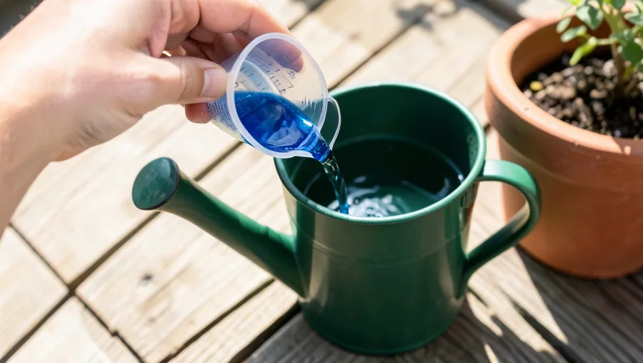 Hands close-up shot, 30-degree angle. A hand pouring a small plastic measuring cup of blue liquid fertilizer concentrate into