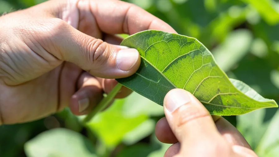 Close-up hands shot, macro detail. A hand gently tilting a large green zinnia leaf upward to inspect the clean underside unde