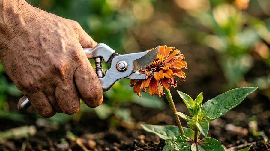 Close-up hands shot, 30-degree angle looking down. A hand holding silver steel bypass pruners, cutting a fading, slightly dri