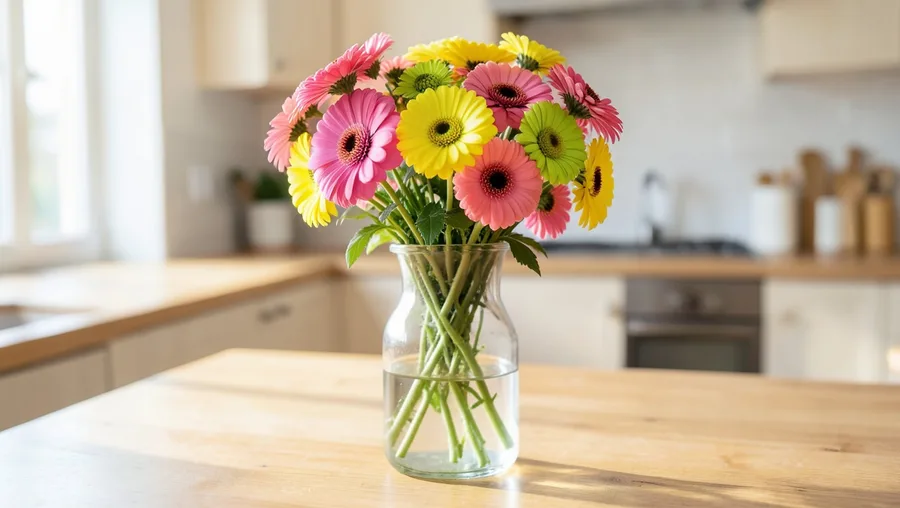 Finished result hero shot. A clear glass vase filled with a fresh, colorful arrangement of harvested zinnias in pink, yellow,