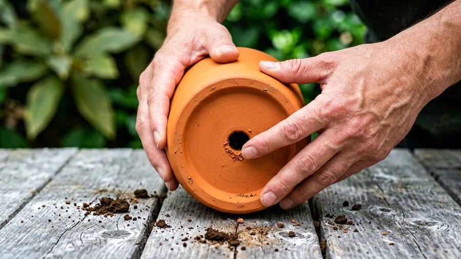 Hands close-up shot, 30-degree angle looking down. Two adult hands holding an empty 12-inch orange terracotta pot upside down