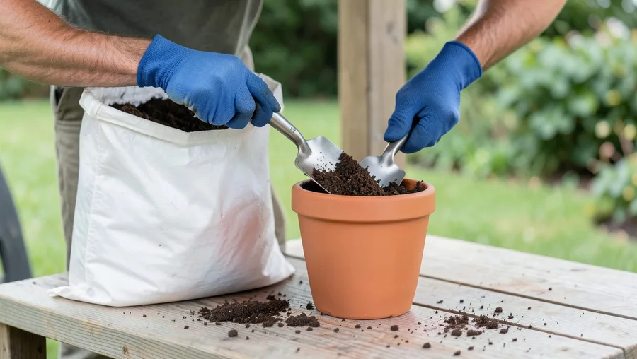 Mid-action wide shot. A person wearing blue canvas gardening gloves scoops loose, dark brown potting mix from a large white b