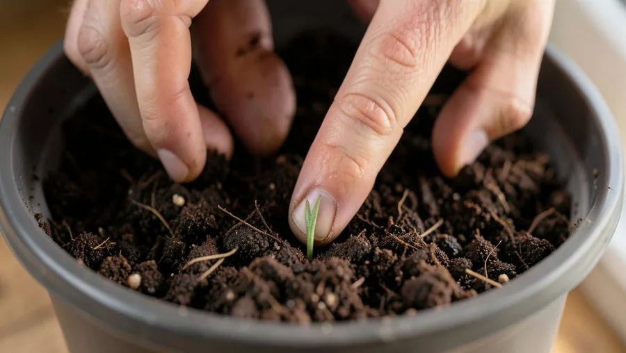 Hands close-up shot, looking straight down. Close-up of a person's bare index finger pressing a single small, arrowhead-shape