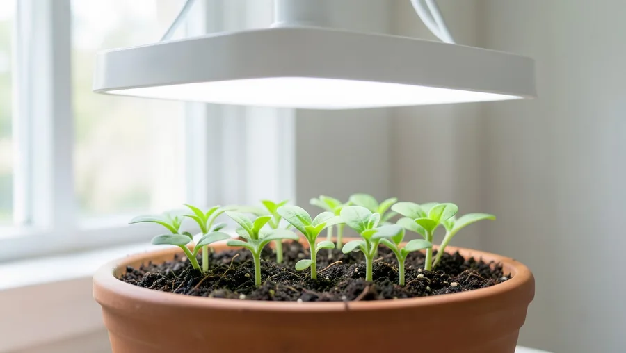 Environmental establisher wide shot. A row of tiny, bright green zinnia seedlings with two distinct rounded leaves poking out