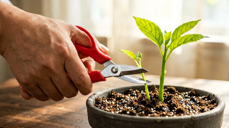 Close-up hands shot, 45-degree angle. A pair of hands using sharp, small red-handled micro-tip pruning shears to snip a tiny,