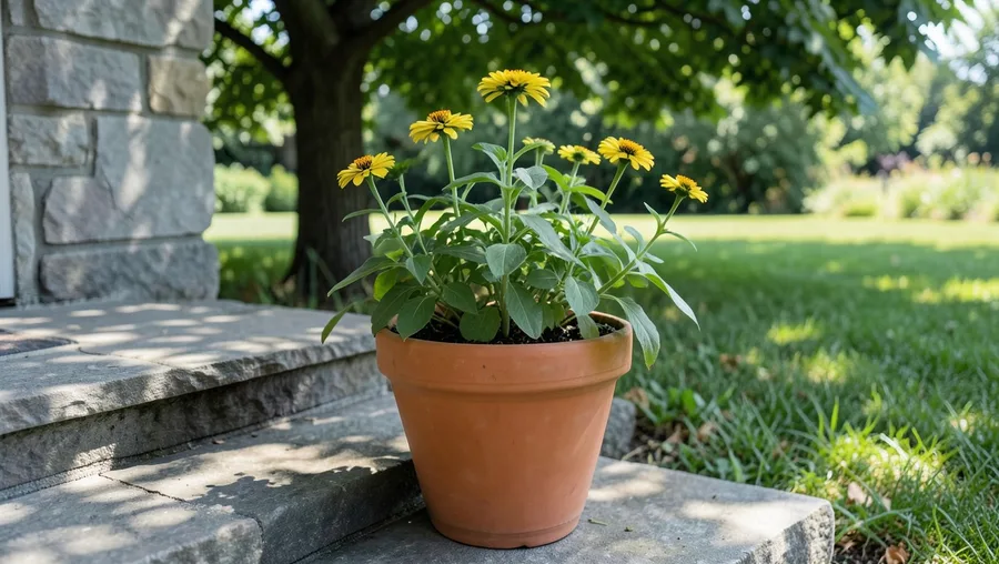 Environmental establisher wide shot. A medium-sized terracotta pot containing young, sturdy green zinnia plants sitting on a 