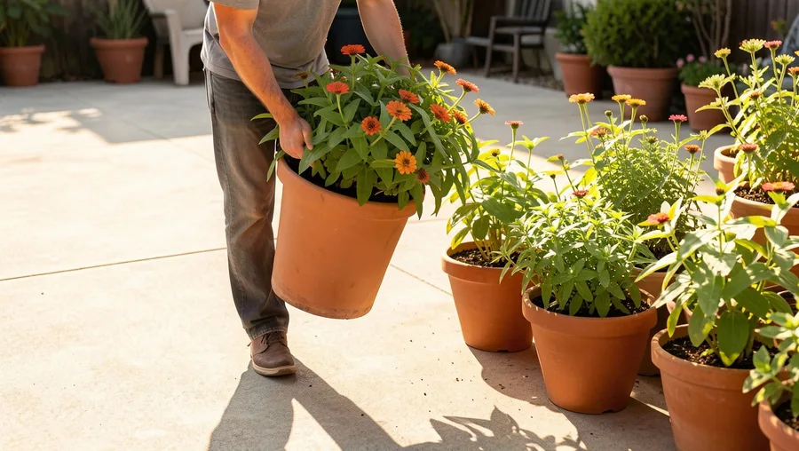 Mid-action wide shot. A person carrying a large, planted terracotta pot filled with established green zinnia foliage, walking