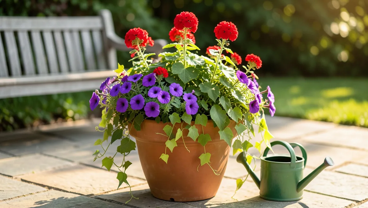 Landscape editorial photograph, 16:9 ratio. A massive, beautifully arranged terra cotta flower pot sits centered on a sunny s