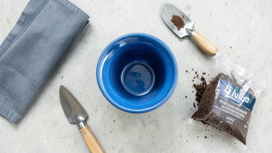 Tool / material flat-lay shot, overhead angle looking straight down. A pristine 18-inch blue glazed ceramic flower pot center