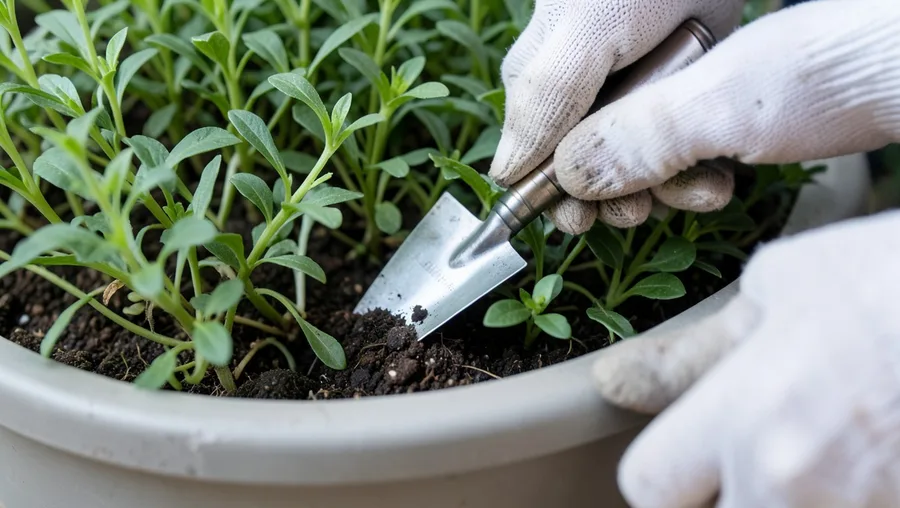 Close-up hands shot, 40-degree angle. Gloved hands using a small metal hand trowel to add dark soil into narrow spaces betwee