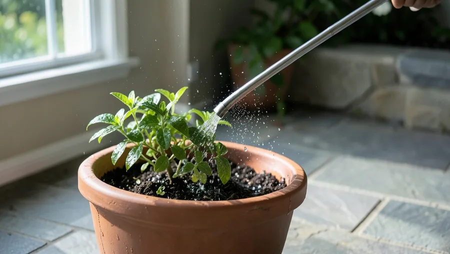 Mid-action wide shot, 30-degree angle. A long stainless steel watering wand gently showering water over a freshly planted pat