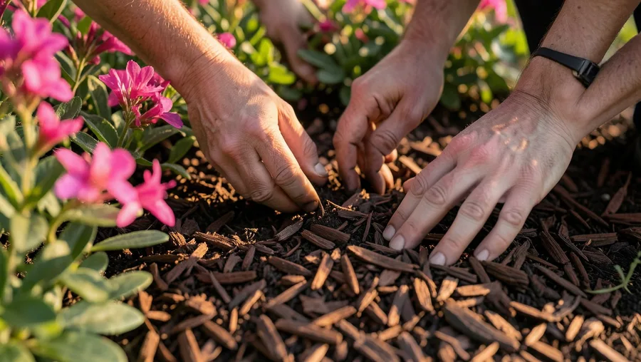 Close-up hands shot, low angle looking at the soil level. Hands carefully spreading dark brown shredded cedar mulch around th