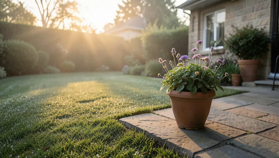 Environmental establisher shot, wide angle. A beautiful residential garden patio at sunrise, dew visible on surrounding lawn.