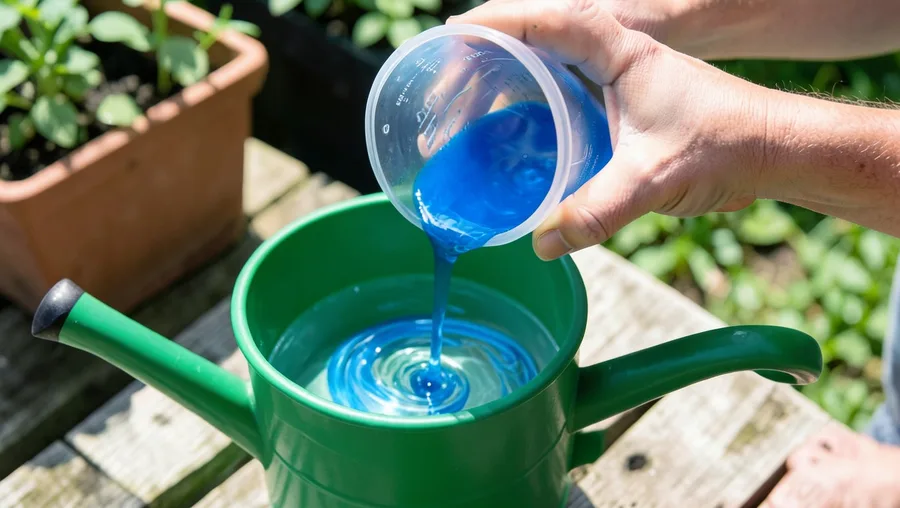 Close-up hands shot, 20-degree angle. Hands pouring a bright blue liquid fertilizer solution from a plastic measuring cup int