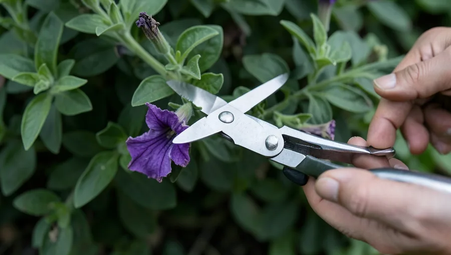 Finished result hero shot, close-up angle. A pair of sharp, clean stainless steel garden snips clipping a faded, drying purpl
