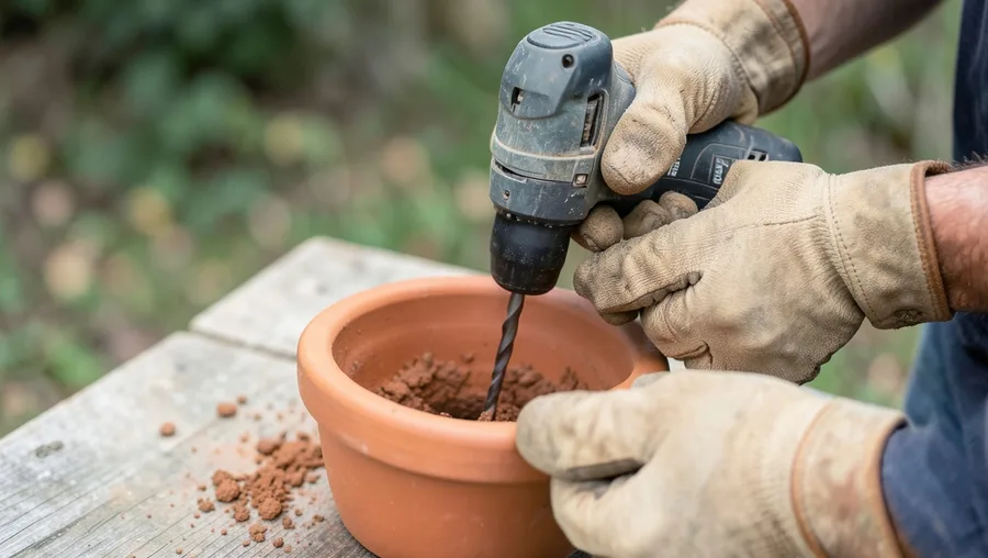 Hands close-up shot, 40-degree angle. Pair of adult hands wearing rugged leather gardening gloves holding a cordless power dr