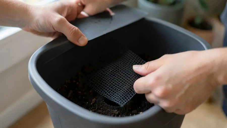 Close-up hands shot, looking down inside a large dark grey plastic planter. A left hand holds open the top rim while the righ