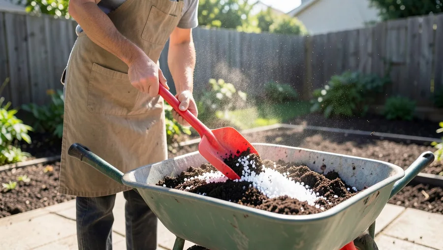 Mid-action wide shot. A person in a canvas apron stands outdoors beside a wheelbarrow, using a bright red plastic soil scoop 