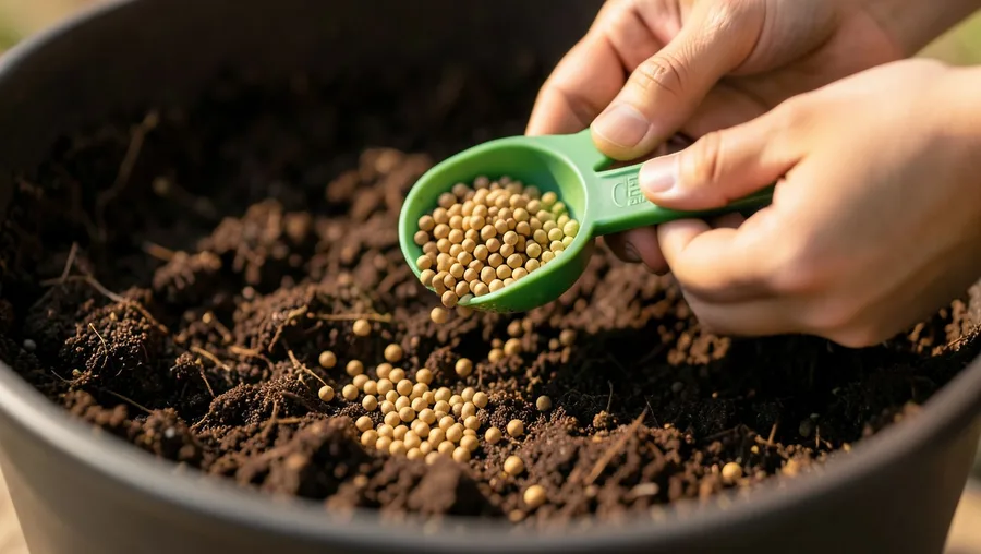 Close-up hands shot, 30-degree angle. Bare hands holding a small green measuring scoop filled with tiny, golden-tan spherical